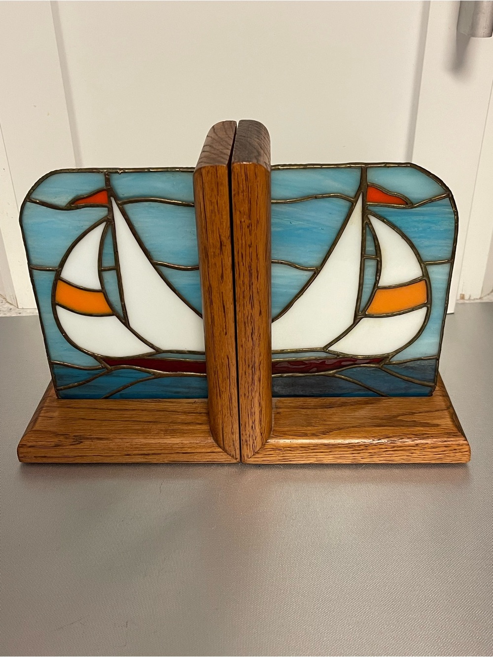 Vintage Wood Bookends Stained Glass Nautical Sailboat Ocean Summer- Blue & White
